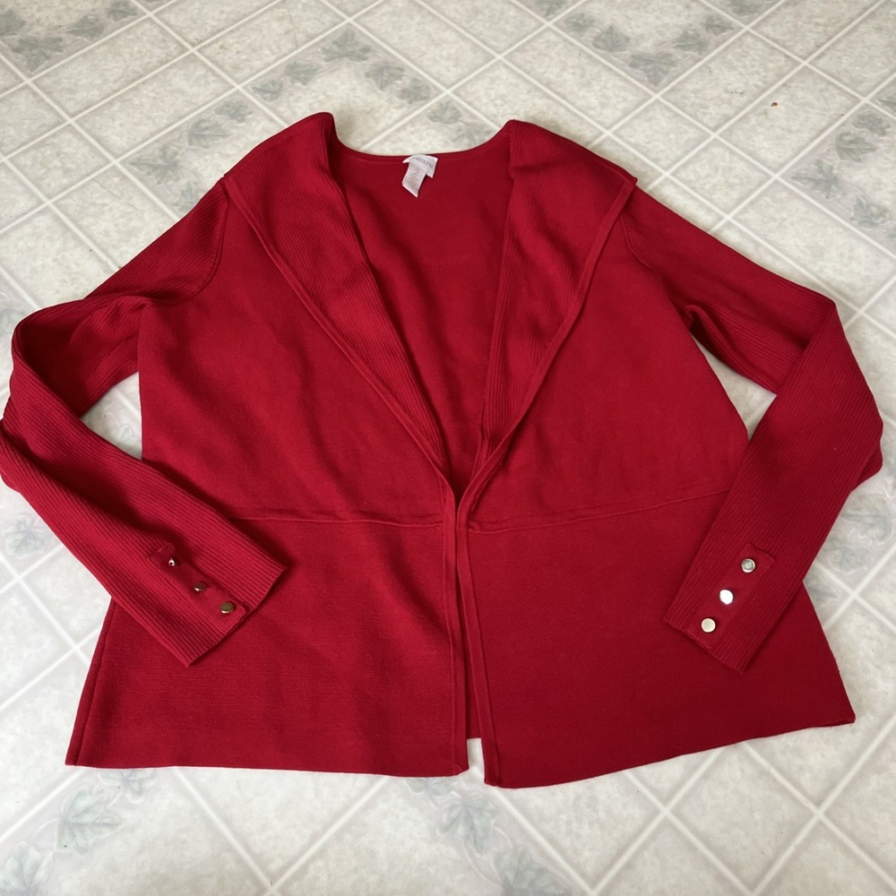 Chico's Red heavy Knit Open Front Lapels Cardigan Large Old Money Capsule Loose